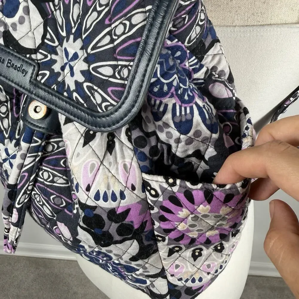 Vera Bradley Small Quilted Backpack Purple Navy Floral Drawstring Flap Bag Boho